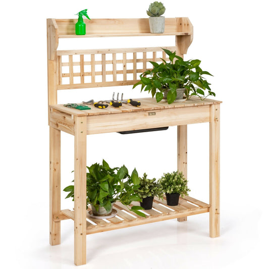 Garden Potting Bench Workstation Table with Sliding Tabletop Sink Shelves, Natural