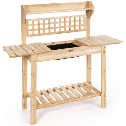 Garden Potting Bench Workstation Table with Sliding Tabletop Sink Shelves, Natural at Gallery Canada