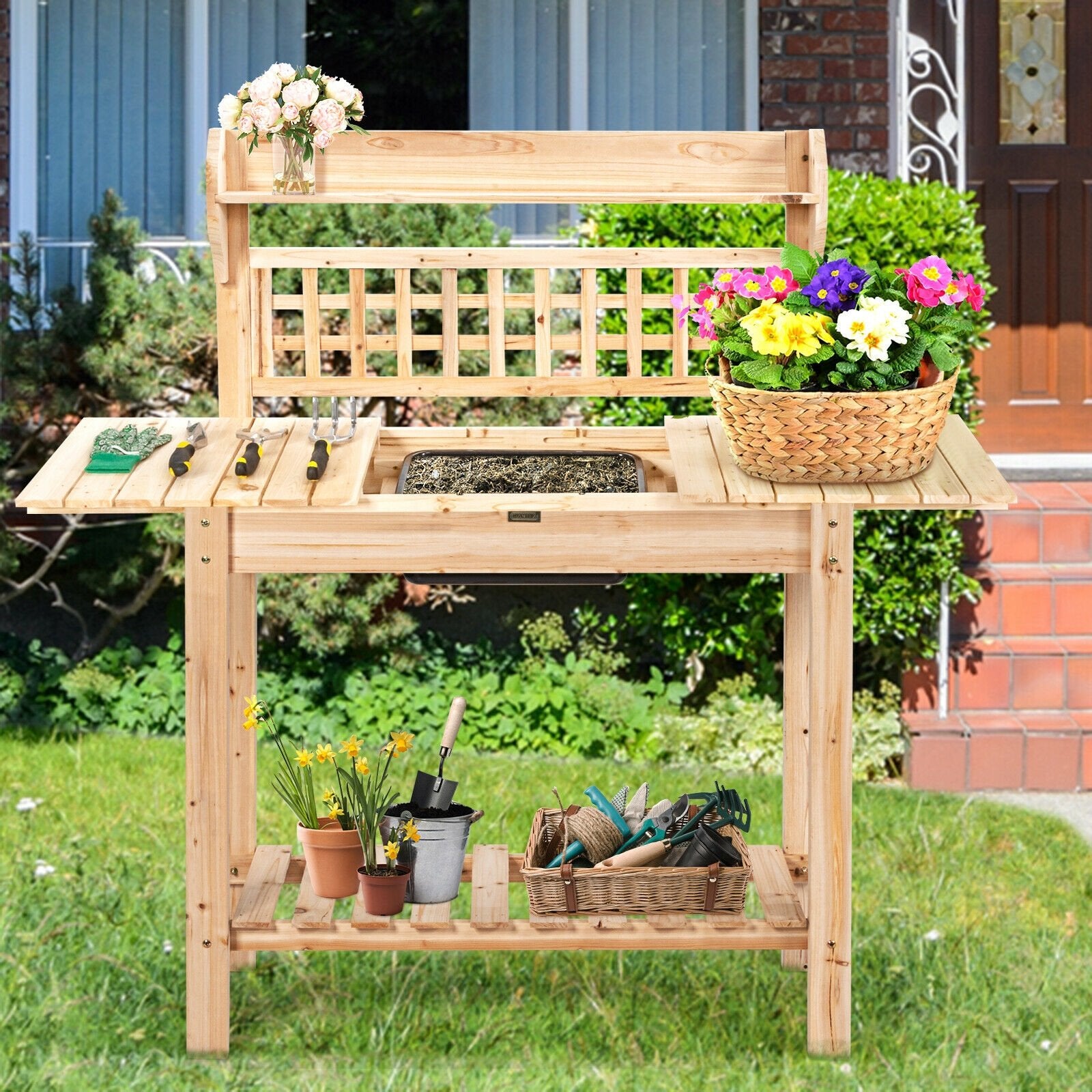 Garden Potting Bench Workstation Table with Sliding Tabletop Sink Shelves, Natural at Gallery Canada