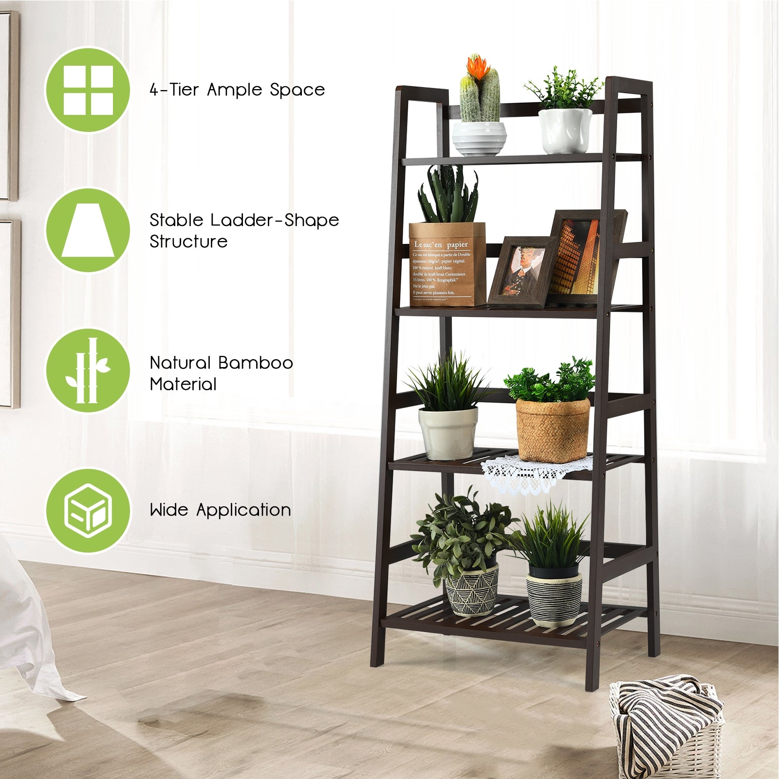4-Tier Bamboo Plant Rack with Guardrails Stable and Space-Saving, Brown Bookcases at Gallery Canada