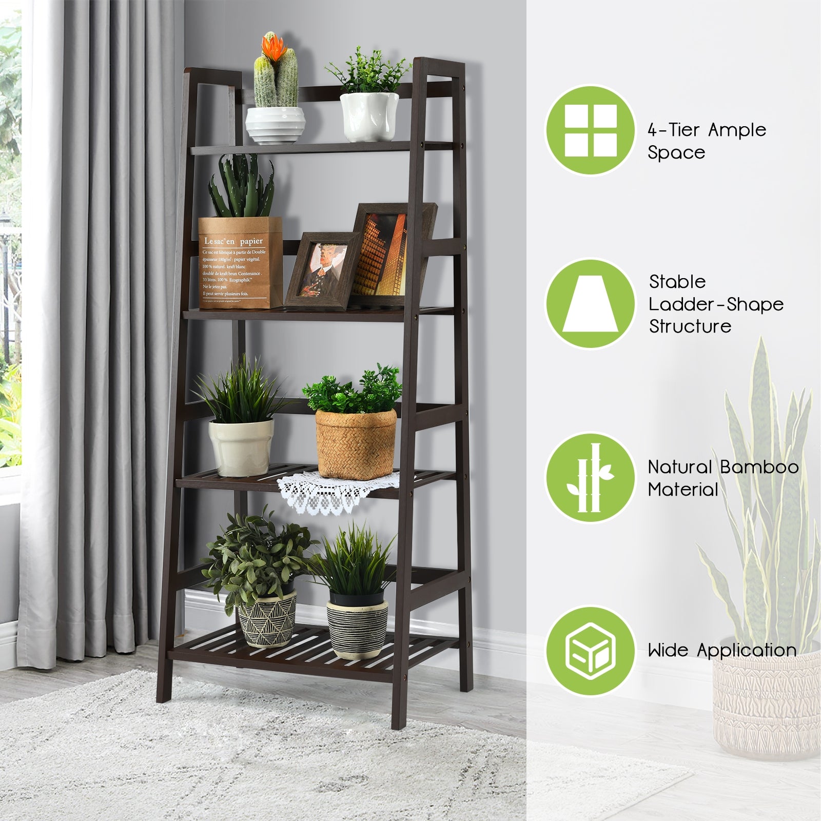 4-Tier Bamboo Plant Rack with Guardrails Stable and Space-Saving, Brown Bookcases at Gallery Canada