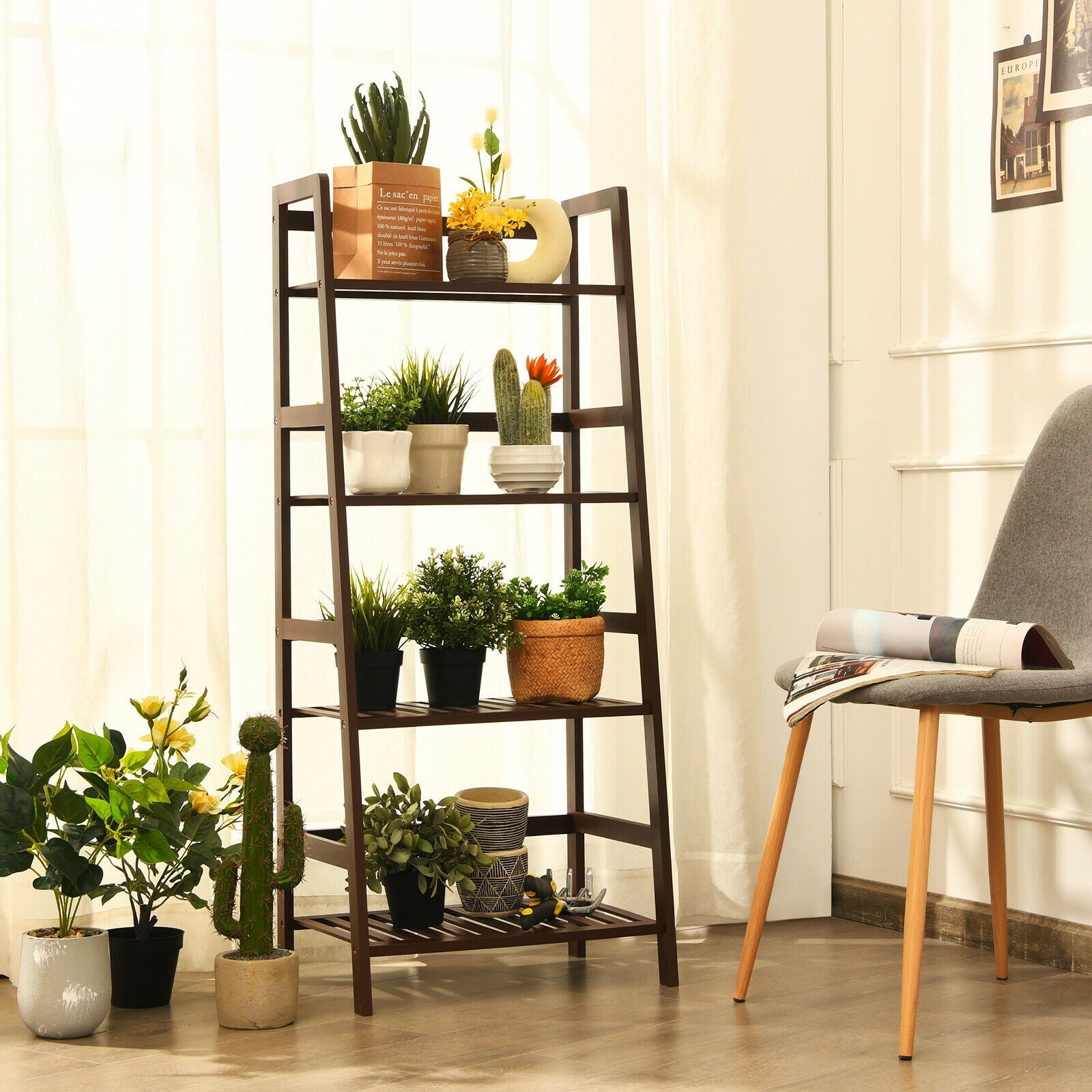 4-Tier Bamboo Plant Rack with Guardrails Stable and Space-Saving, Brown Bookcases at Gallery Canada