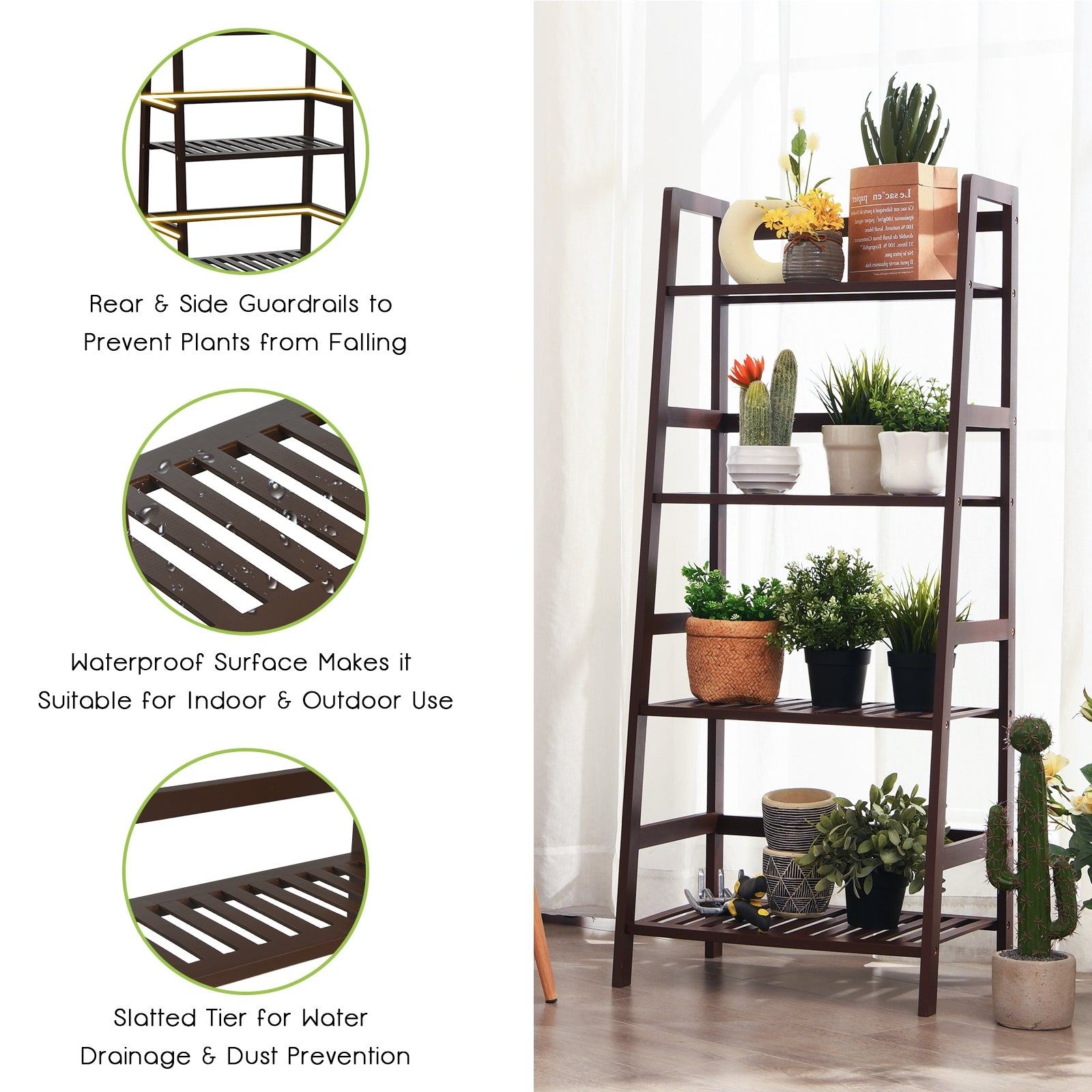 4-Tier Bamboo Plant Rack with Guardrails Stable and Space-Saving, Brown Bookcases at Gallery Canada