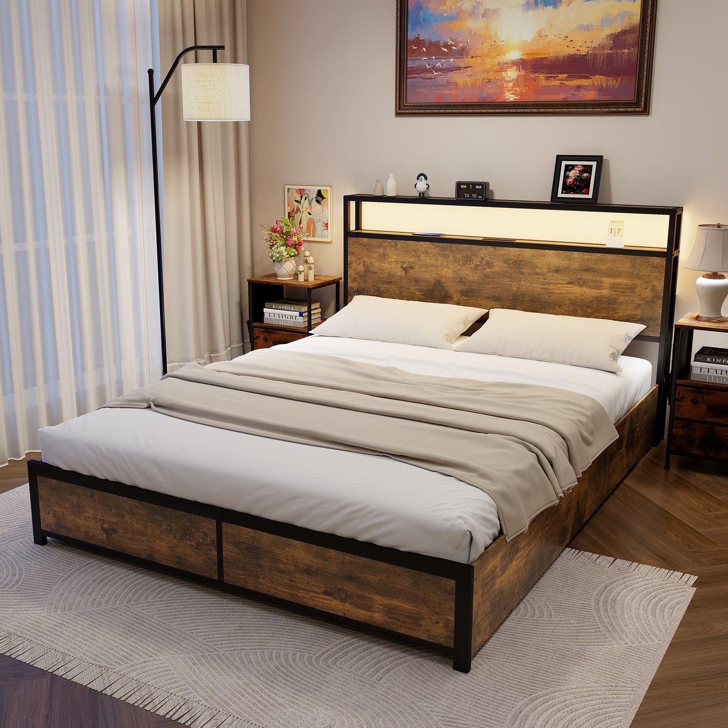 Queen Size Bed Frame With LED Lights, Storage Drawers, Rustic Brown Simple Bed Frame at Gallery Canada