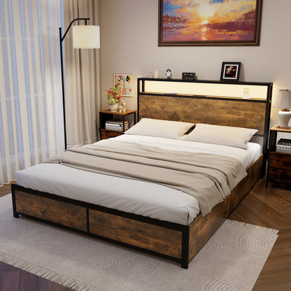 Queen Size Bed Frame With LED Lights, Storage Drawers, Rustic Brown Simple Bed Frame at Gallery Canada