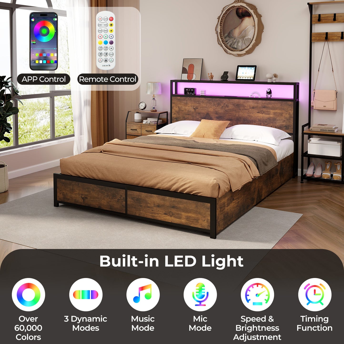 Queen Size Bed Frame With LED Lights, Storage Drawers, Rustic Brown Simple Bed Frame at Gallery Canada