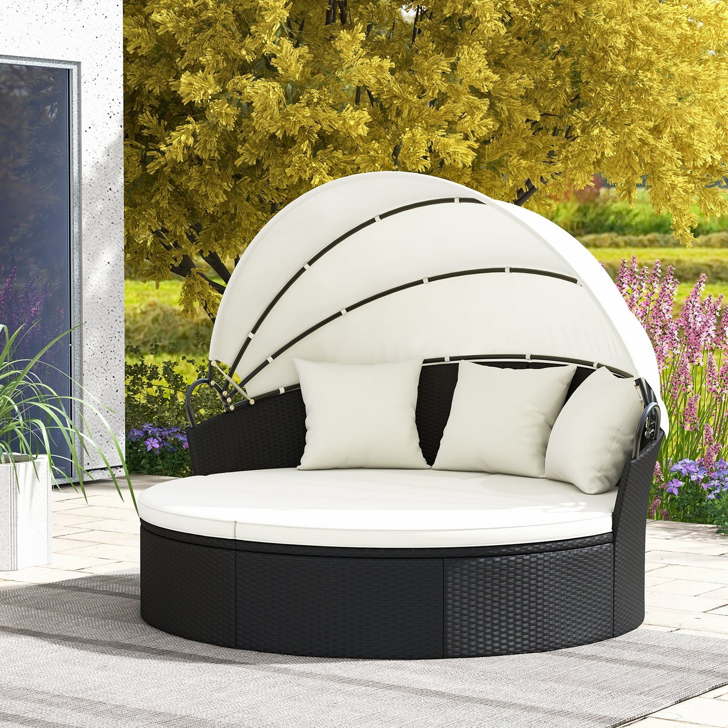 Clamshell Patio Round Daybed Wicker with Retractable Canopy and Pillows, Off White Outdoor Sectionals at Gallery Canada