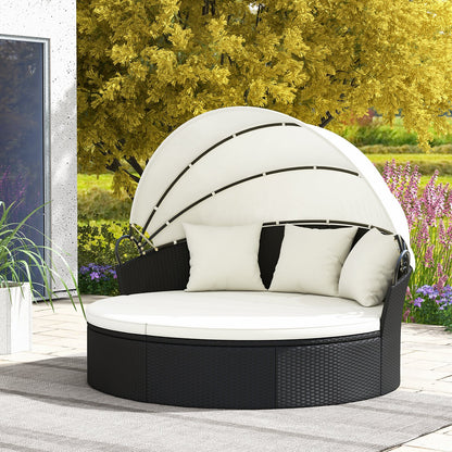 Clamshell Patio Round Daybed Wicker with Retractable Canopy and Pillows, Off White Outdoor Sectionals at Gallery Canada