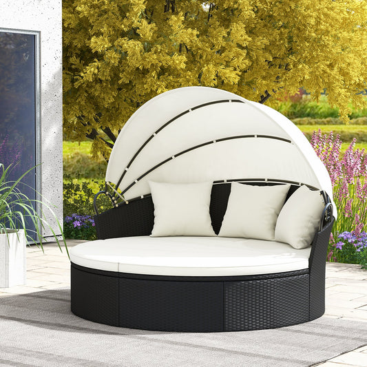 Clamshell Patio Round Daybed Wicker with Retractable Canopy and Pillows, Off White Outdoor Sectionals Off White at Gallery Canada