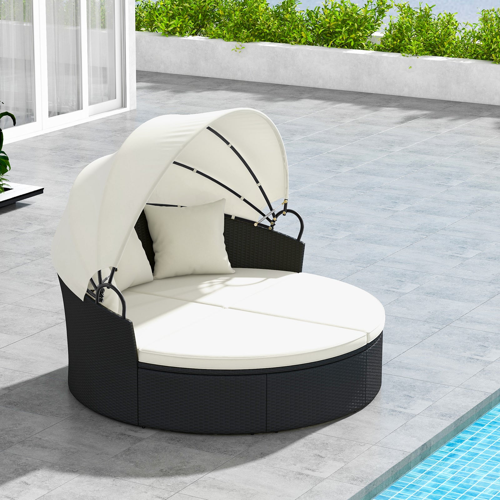 Clamshell Patio Round Daybed Wicker with Retractable Canopy and Pillows, Off White Outdoor Sectionals at Gallery Canada