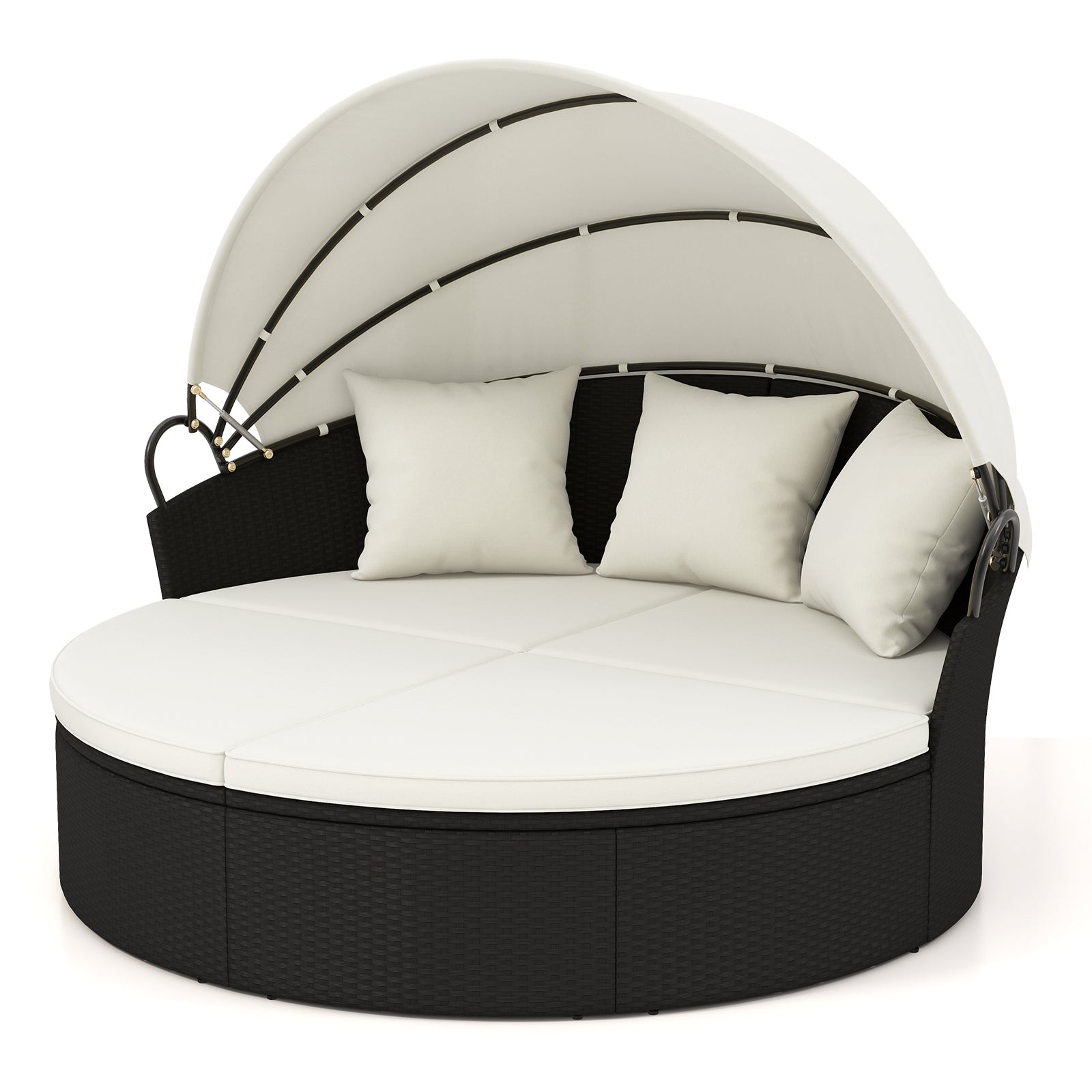 Clamshell Patio Round Daybed Wicker with Retractable Canopy and Pillows, Off White Outdoor Sectionals at Gallery Canada