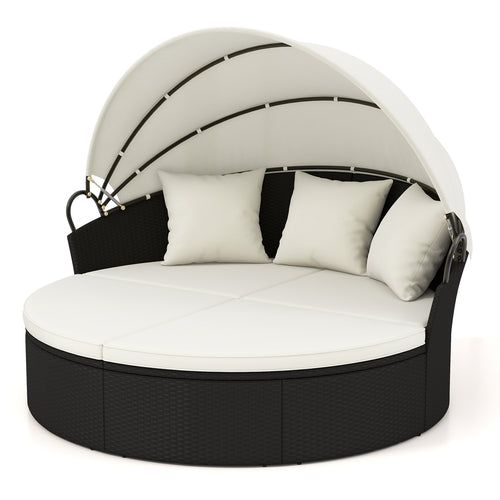 Clamshell Patio Round Daybed, Wicker With Retractable Canopy, Off White