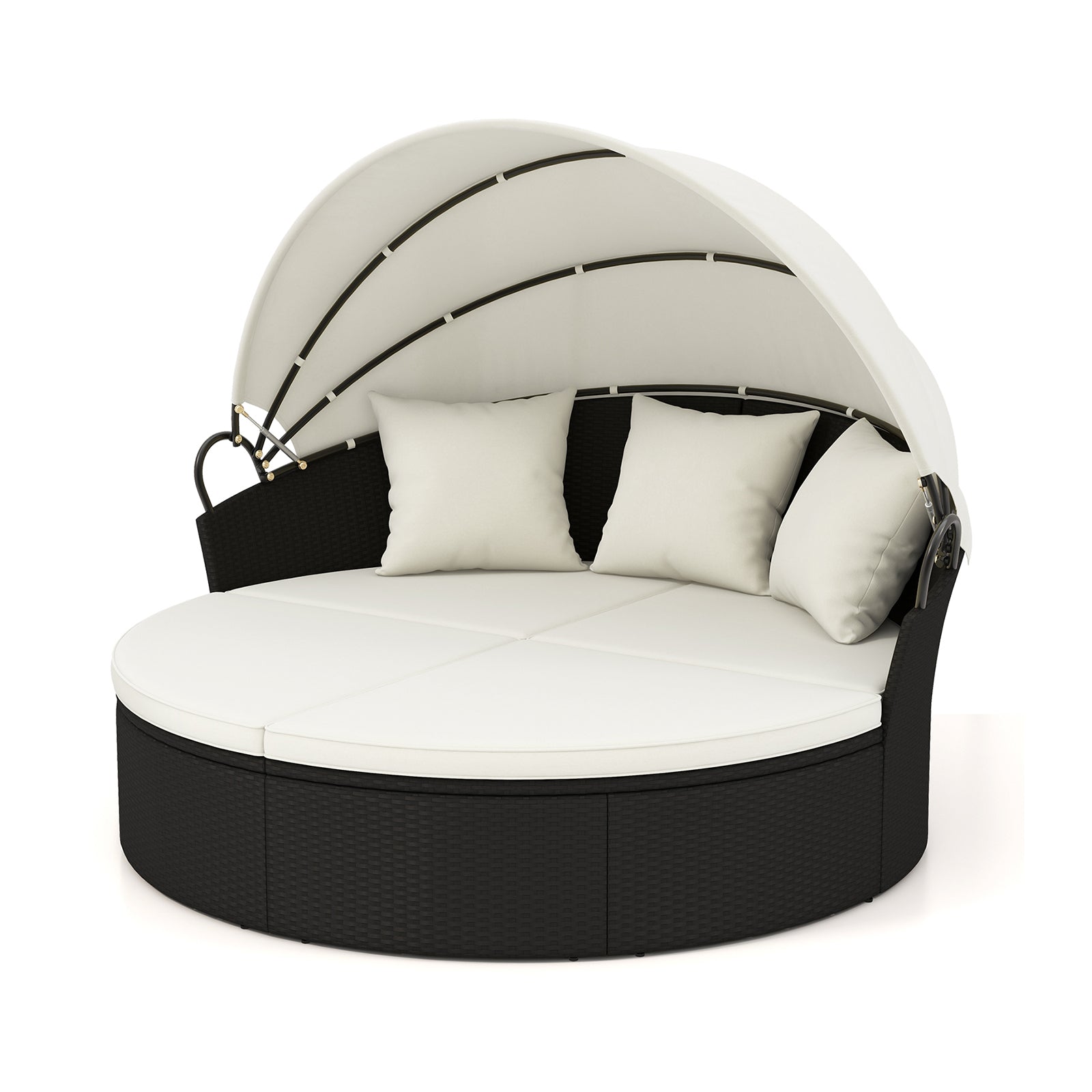 Clamshell Patio Round Daybed Wicker with Retractable Canopy and Pillows, Off White Outdoor Sectionals at Gallery Canada
