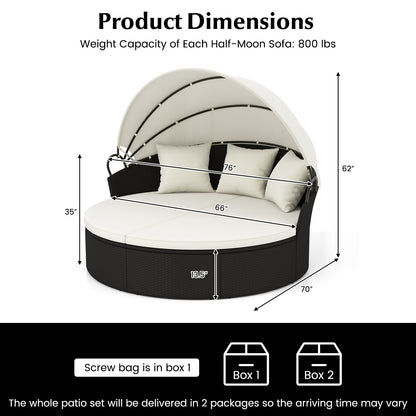 Clamshell Patio Round Daybed Wicker with Retractable Canopy and Pillows, Off White Outdoor Sectionals at Gallery Canada