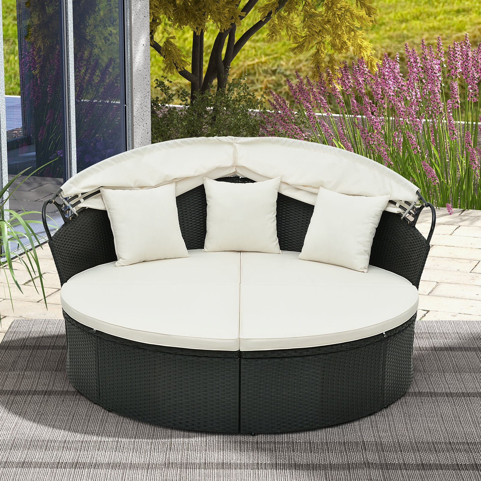 Clamshell Patio Round Daybed Wicker with Retractable Canopy and Pillows, Off White Outdoor Sectionals at Gallery Canada