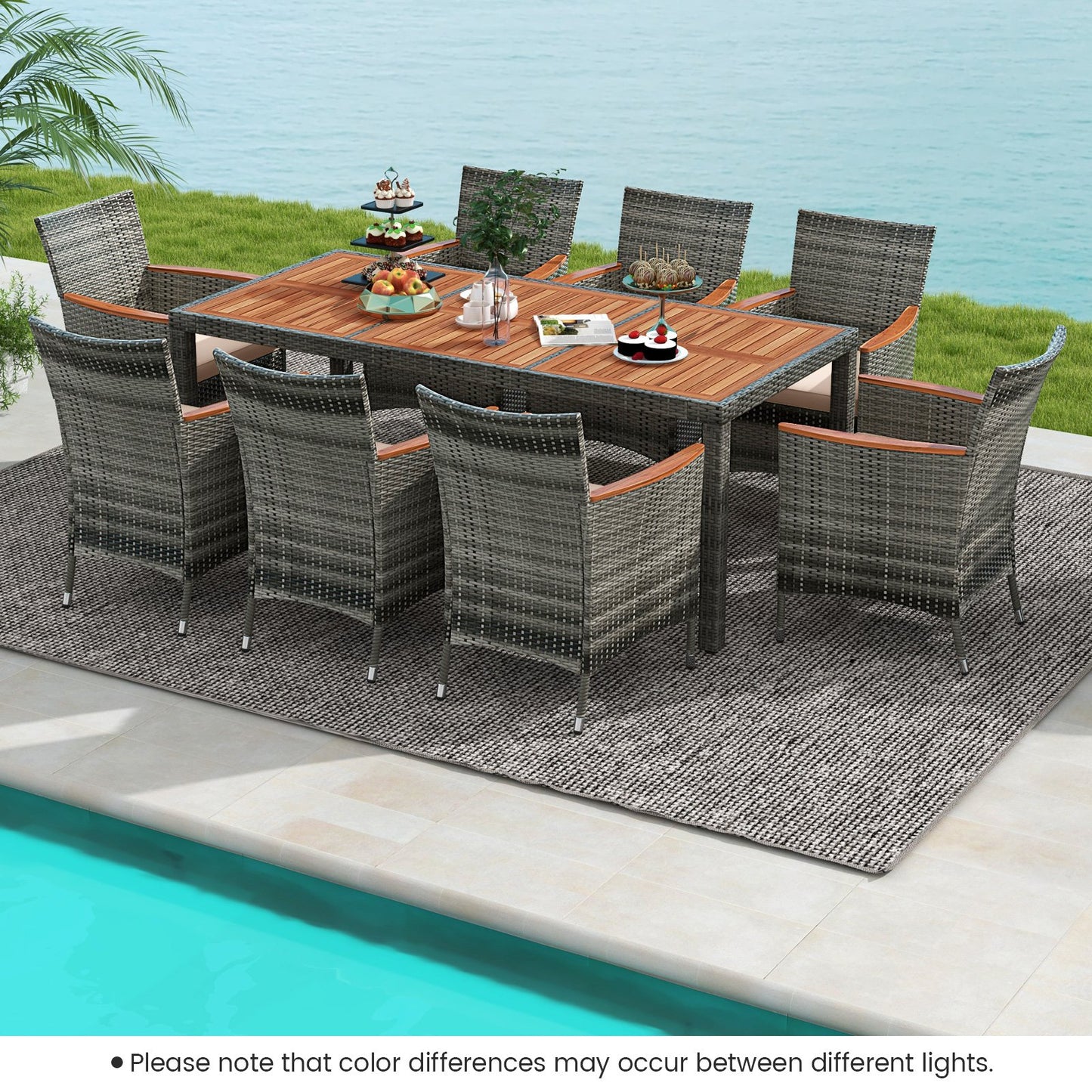 9 Pieces Rattan Patio Dining Set with Acacia Wood Table and Cushioned Chair, Gray - Gallery Canada