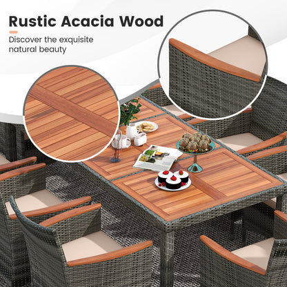 9 Pieces Rattan Patio Dining Set with Acacia Wood Table and Cushioned Chair, Gray - Gallery Canada