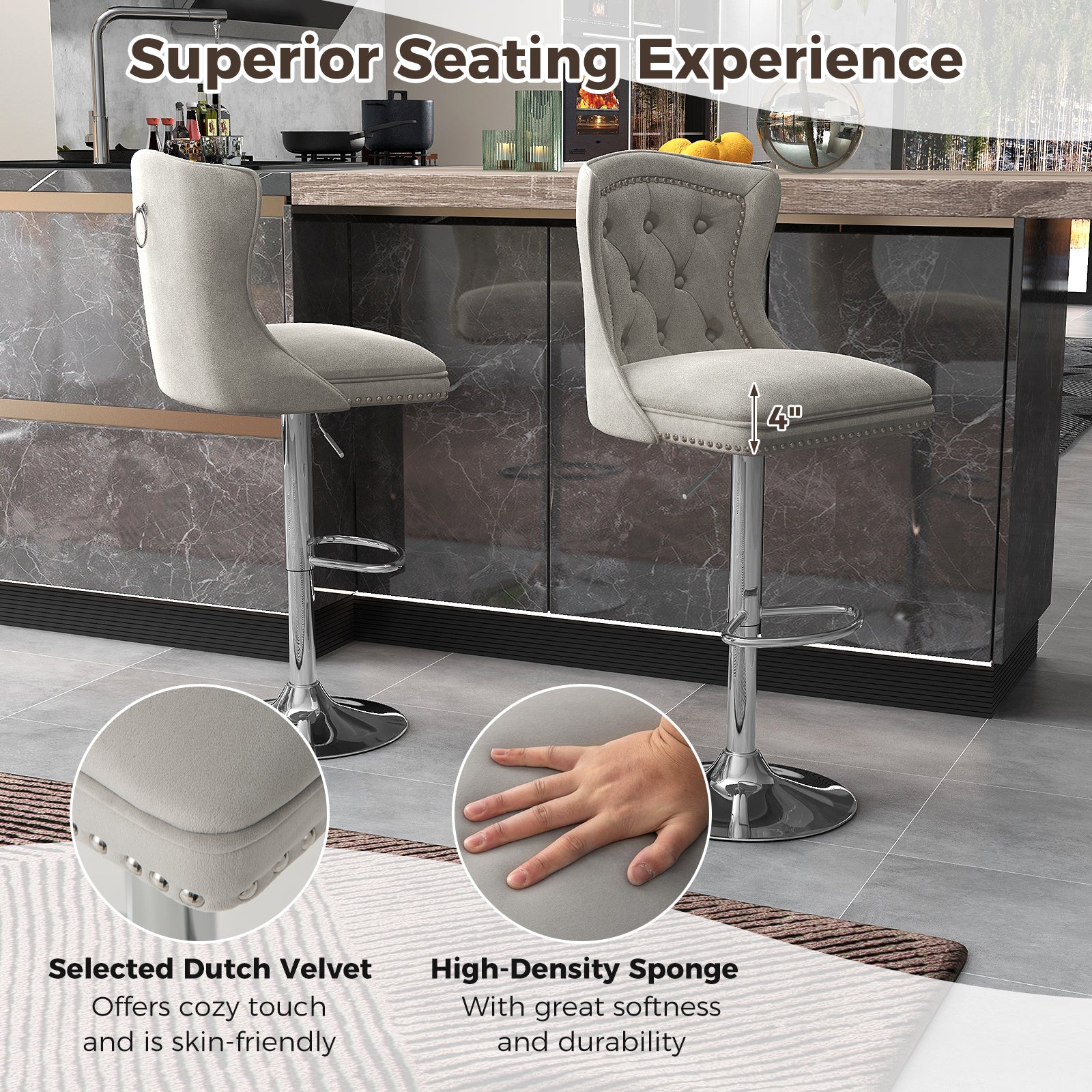 Set of 2 Bar Chairs with Footrest Electroplated Metal Base and Anti-Slip Ring, Gray Bar Stools at Gallery Canada