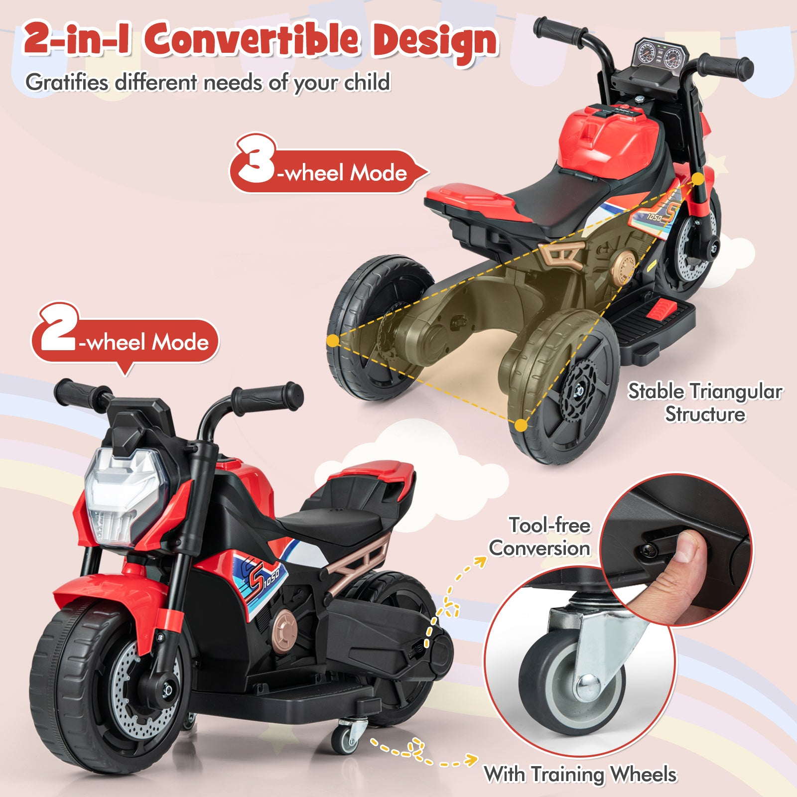 Kids Ride-on Motorcycle 6V Battery Powered Motorbike with Detachable Training Wheels, Red Powered Ride On Toys at Gallery Canada