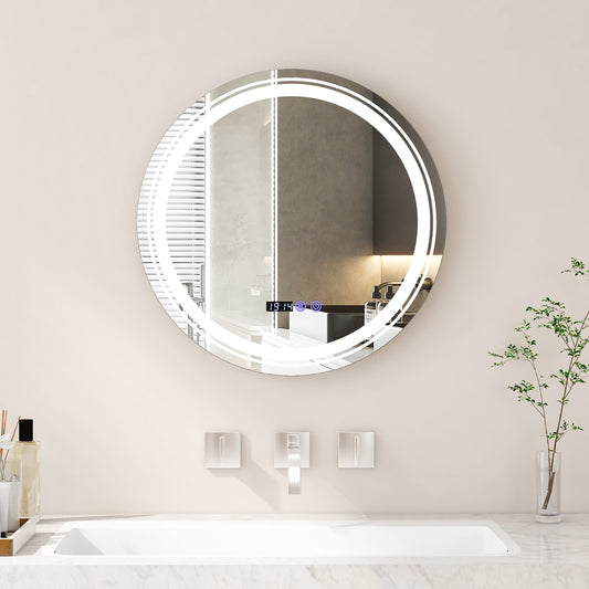 Anti-Fog Round Led Bathroom Mirror with 3 Color LED Lights-S, White