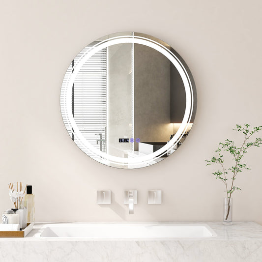 Anti-Fog Round Led Bathroom Mirror with 3 Color LED Lights-M, White - Gallery Canada