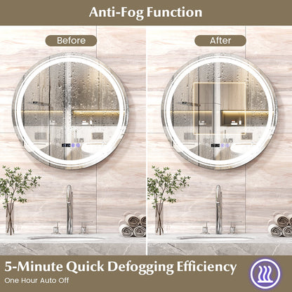Anti-Fog Round Led Bathroom Mirror with 3 Color LED Lights-M, White