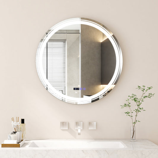 Anti-Fog Round Led Bathroom Mirror with 3 Color LED Lights-L, White