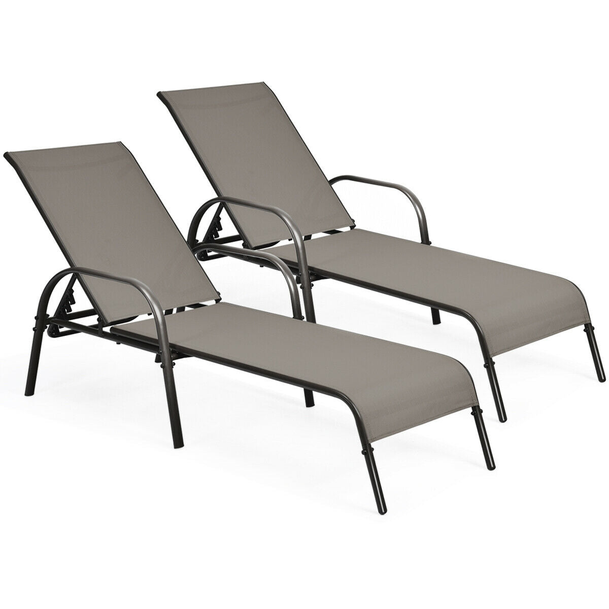 2 Pieces Outdoor Patio Lounge Chair Chaise Fabric with Adjustable Reclining Armrest, Brown Outdoor Chaise Lounges at Gallery Canada