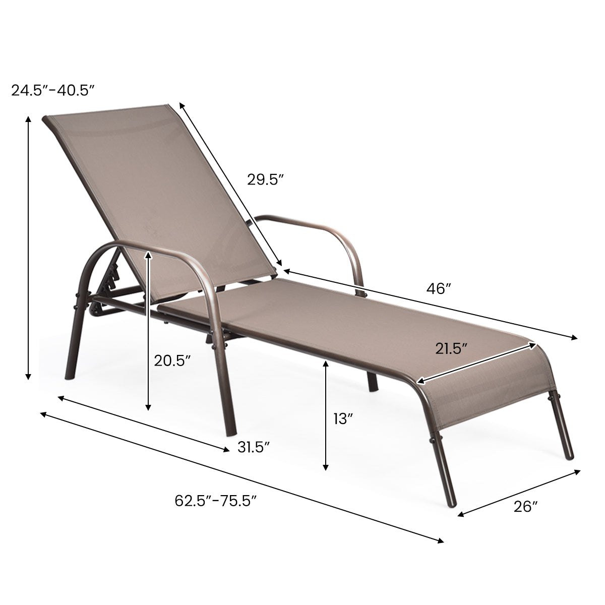 2 Pieces Outdoor Patio Lounge Chair Chaise Fabric with Adjustable Reclining Armrest, Brown Outdoor Chaise Lounges at Gallery Canada