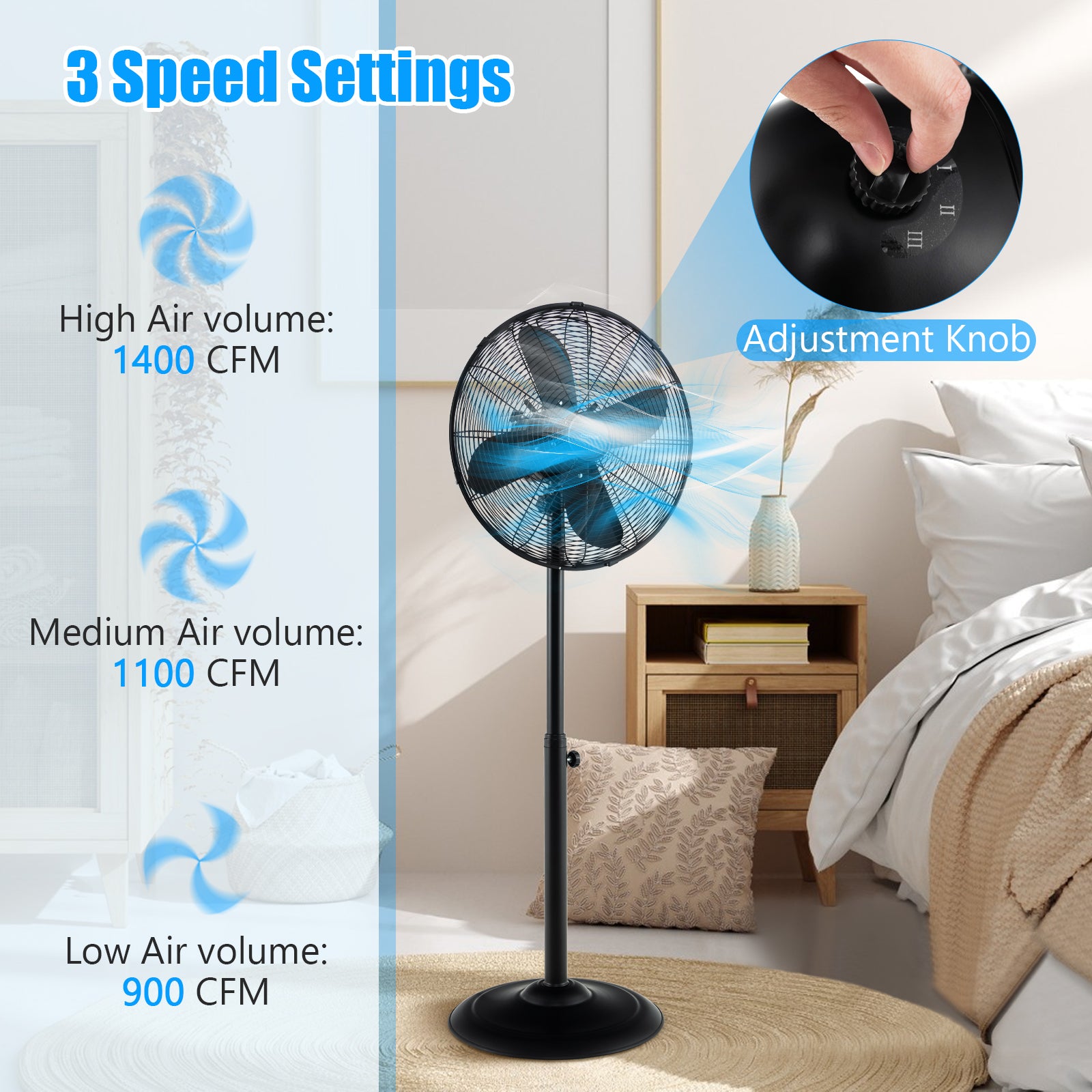 16 Inch Pedestal Standing Fan, 3 Speeds, Adjustable Height, Black Fans at Gallery Canada