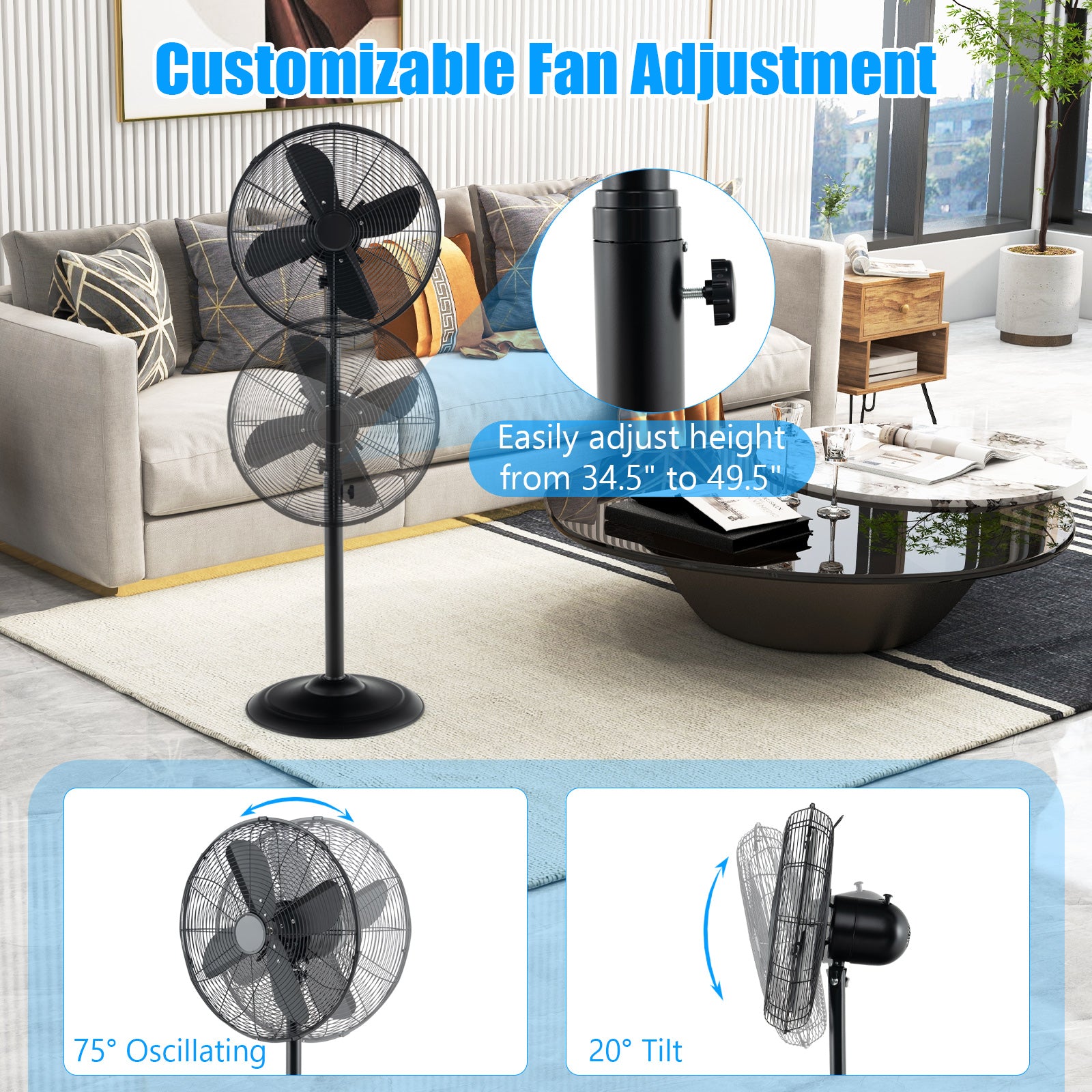16 Inch Pedestal Standing Fan Oscillating Pedestal Fan with 3 Speeds and Adjustable Height, Black Fans at Gallery Canada