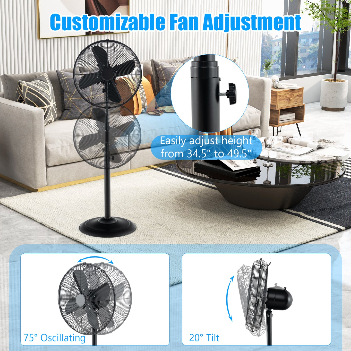 16 Inch Pedestal Standing Fan Oscillating Pedestal Fan with 3 Speeds and Adjustable Height, Black Fans at Gallery Canada