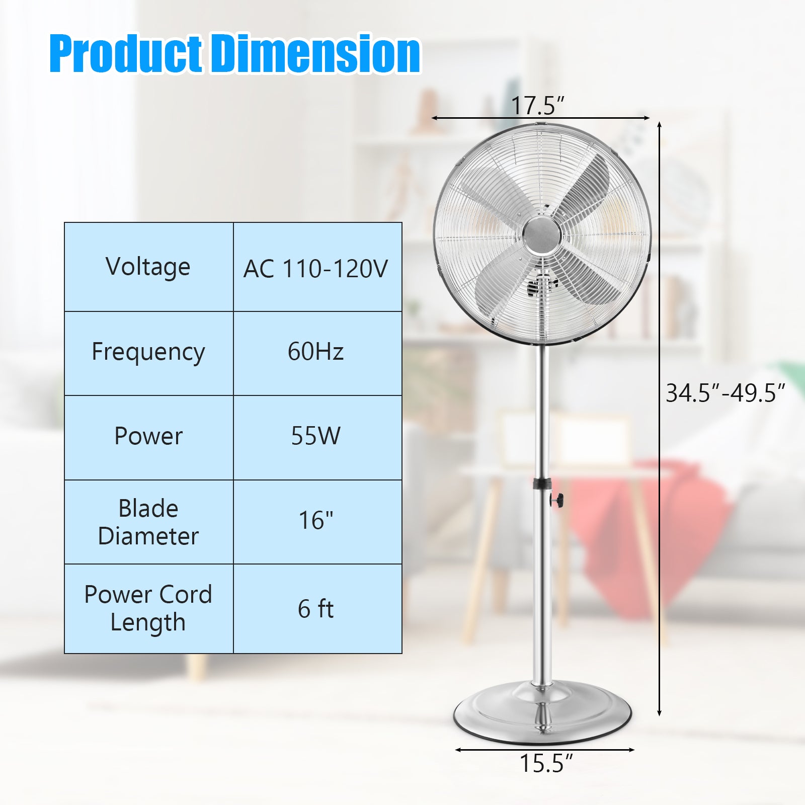 16 Inch Pedestal Standing Fan Oscillating Pedestal Fan with 3 Speeds and Adjustable Height, Silver Fans at Gallery Canada