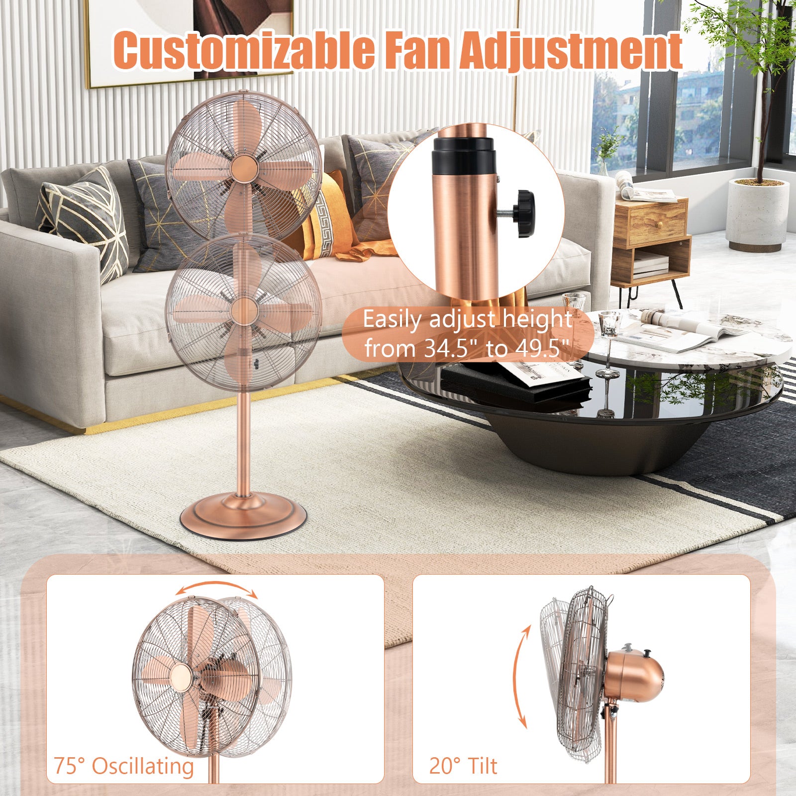 16 Inch Pedestal Standing Fan Oscillating Pedestal Fan with 3 Speeds and Adjustable Height, Copper Fans at Gallery Canada