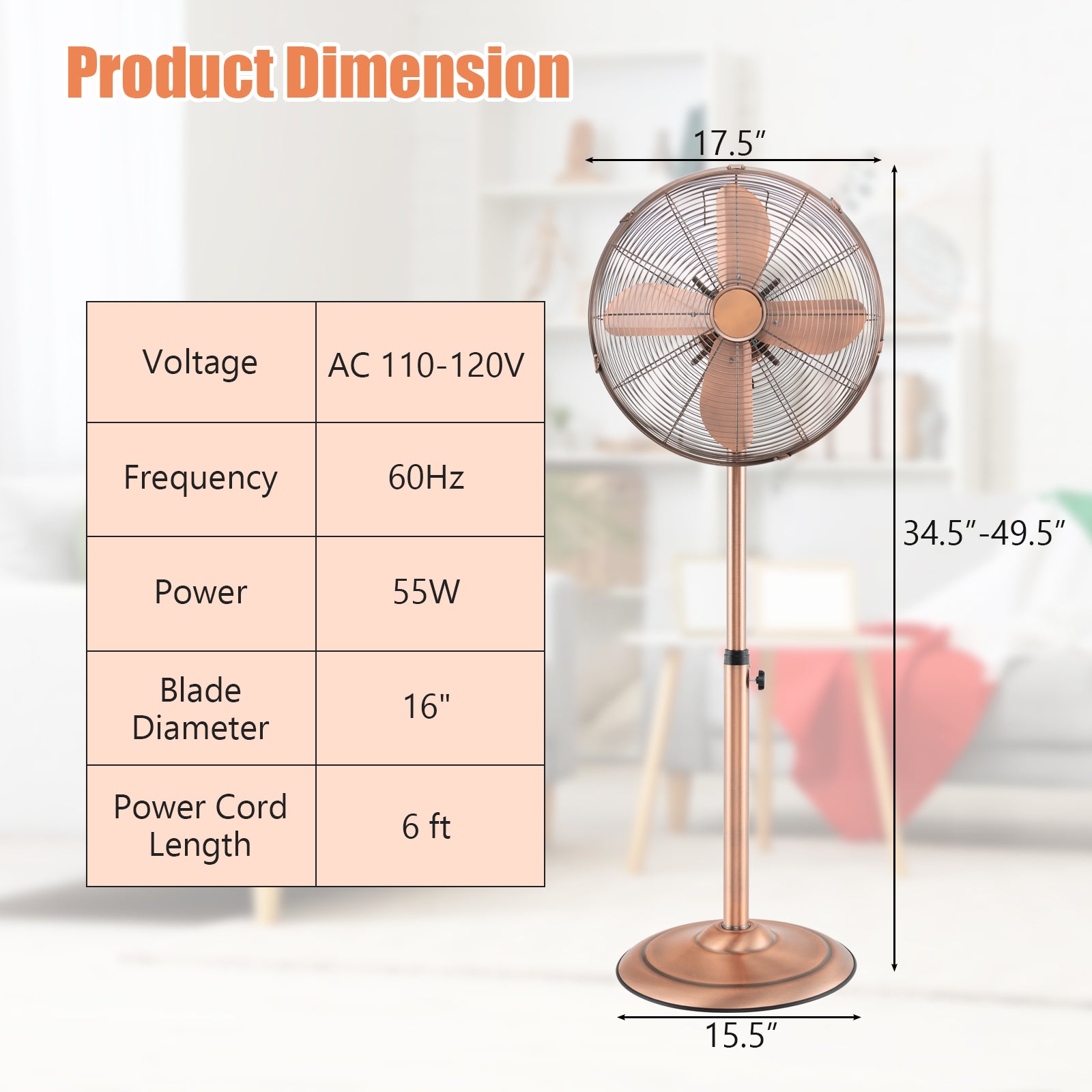 16 Inch Pedestal Standing Fan Oscillating Pedestal Fan with 3 Speeds and Adjustable Height, Copper Fans at Gallery Canada