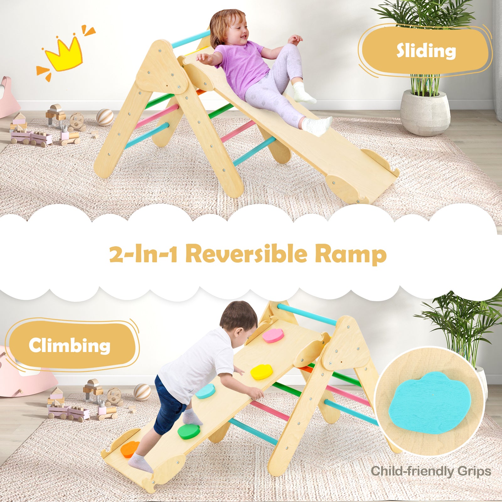 5-In-1 Wooden Kids Climber Toys, Triangle Arch Ramp, Multicolor Climbers & Slides at Gallery Canada