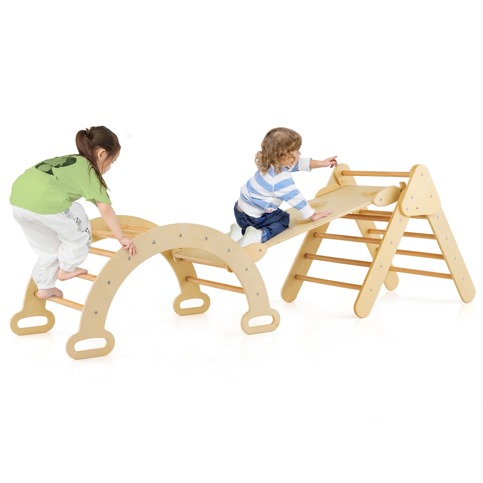 5-in-1 Wooden Kids Climber Toys with Triangle Arch Ramp, Natural Climbers & Slides at Gallery Canada