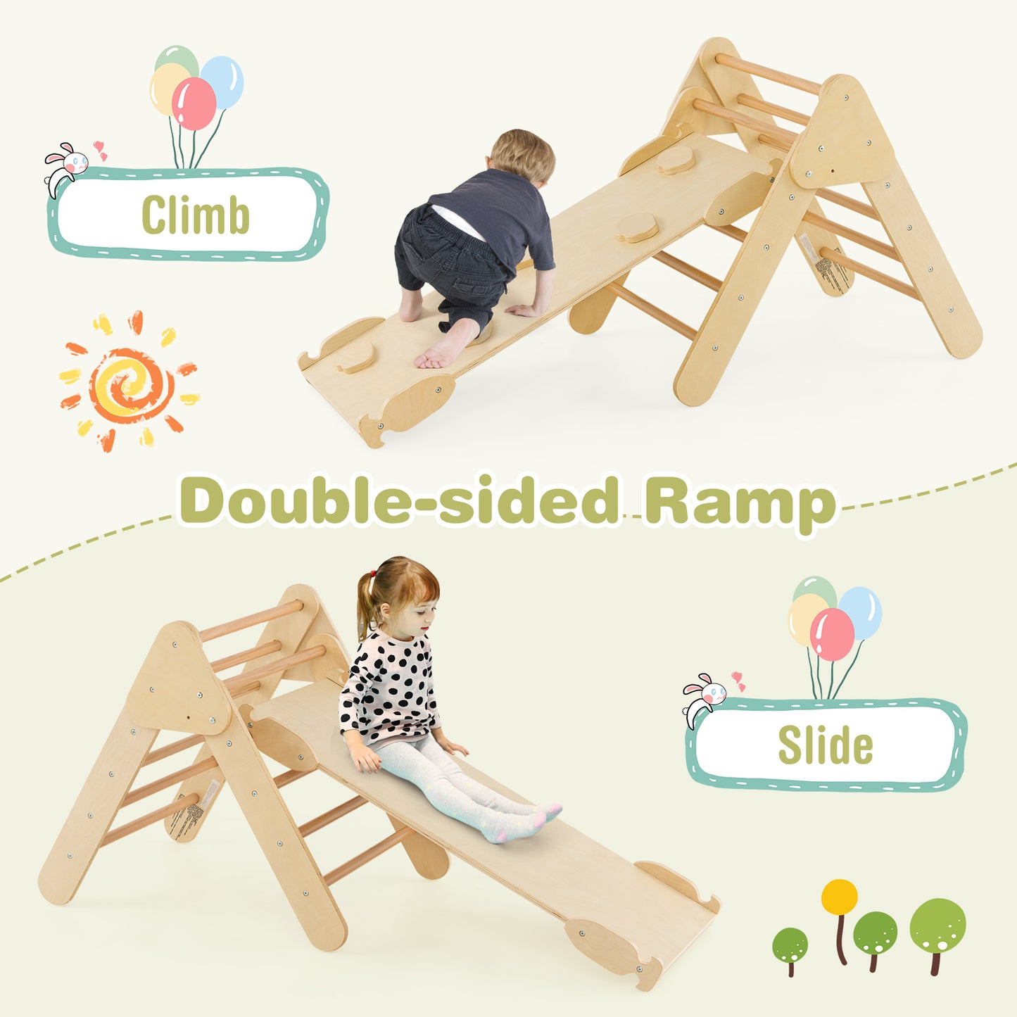 5-in-1 Wooden Kids Climber Toys with Triangle Arch Ramp, Natural Climbers & Slides at Gallery Canada