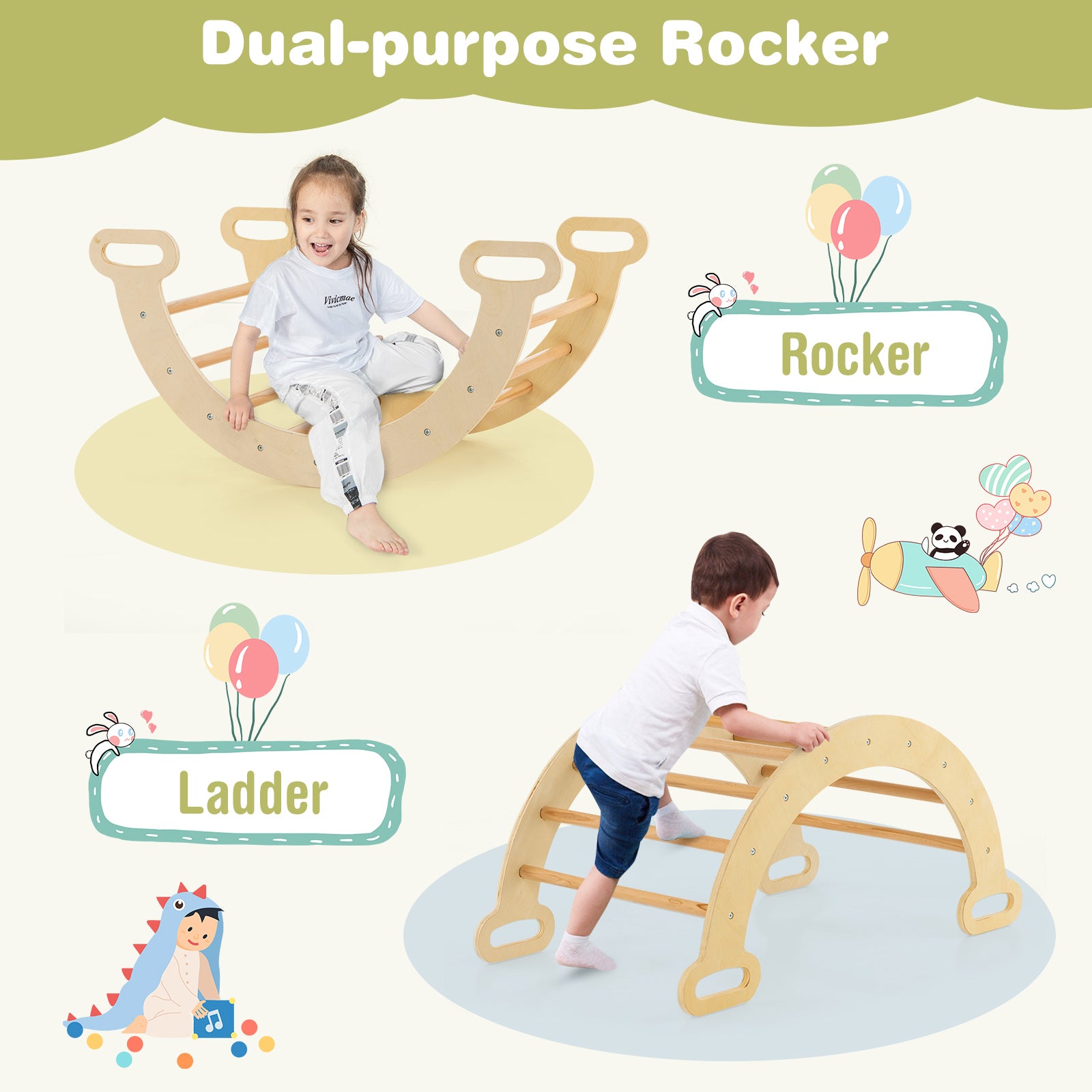 5-in-1 Wooden Kids Climber Toys with Triangle Arch Ramp, Natural Climbers & Slides at Gallery Canada