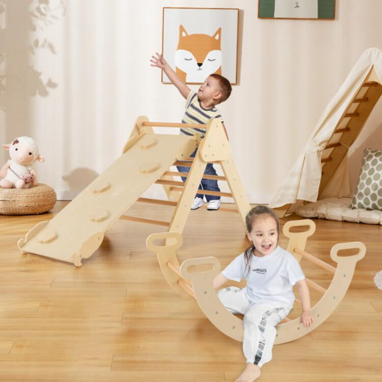 5-in-1 Wooden Kids Climber Toys with Triangle Arch Ramp, Natural Climbers & Slides at Gallery Canada