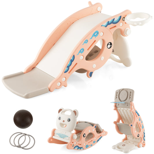 4-in-1 Kids Slide Rocking Horse with Basketball and Ring Toss, Pink Climbers & Slides Pink at Gallery Canada