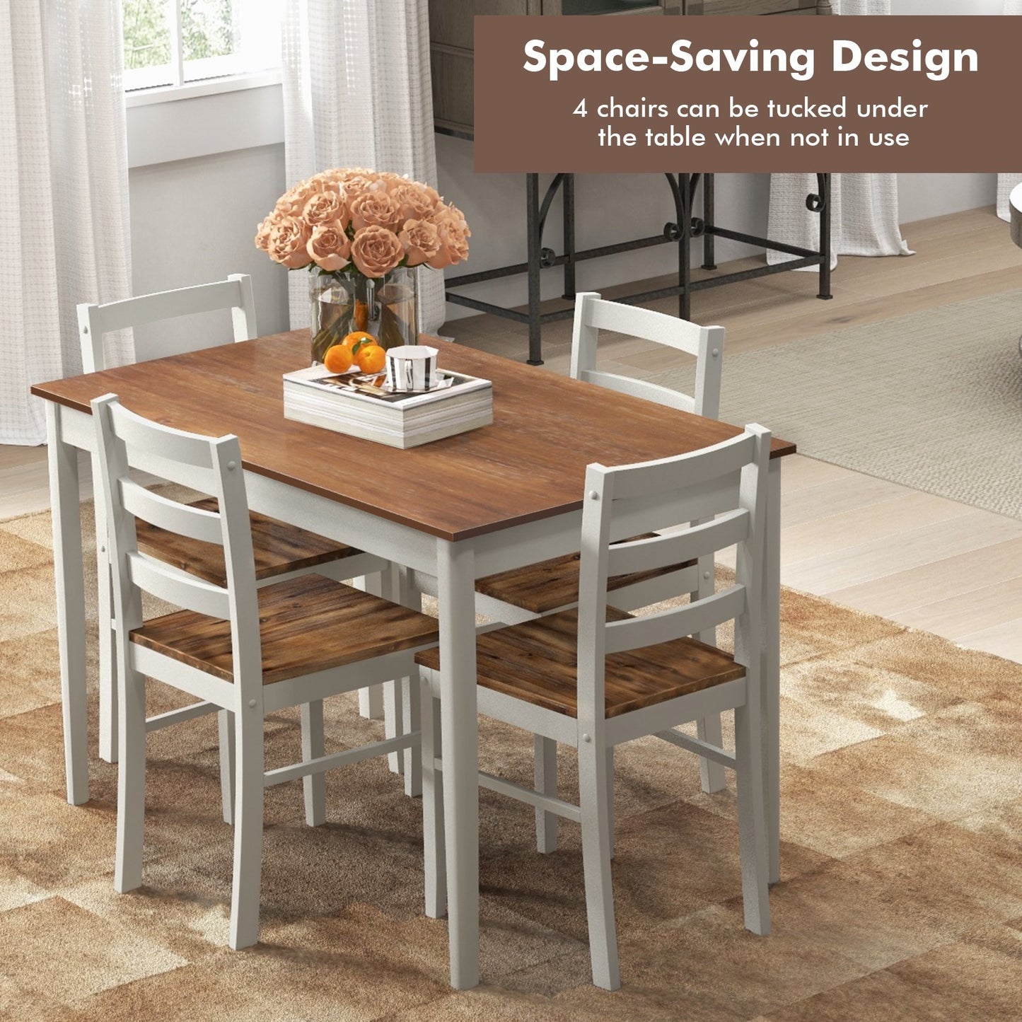 5-Piece Wooden Dining Set with Rectangular Table and 4 Chairs-Coffee and White, Coffee