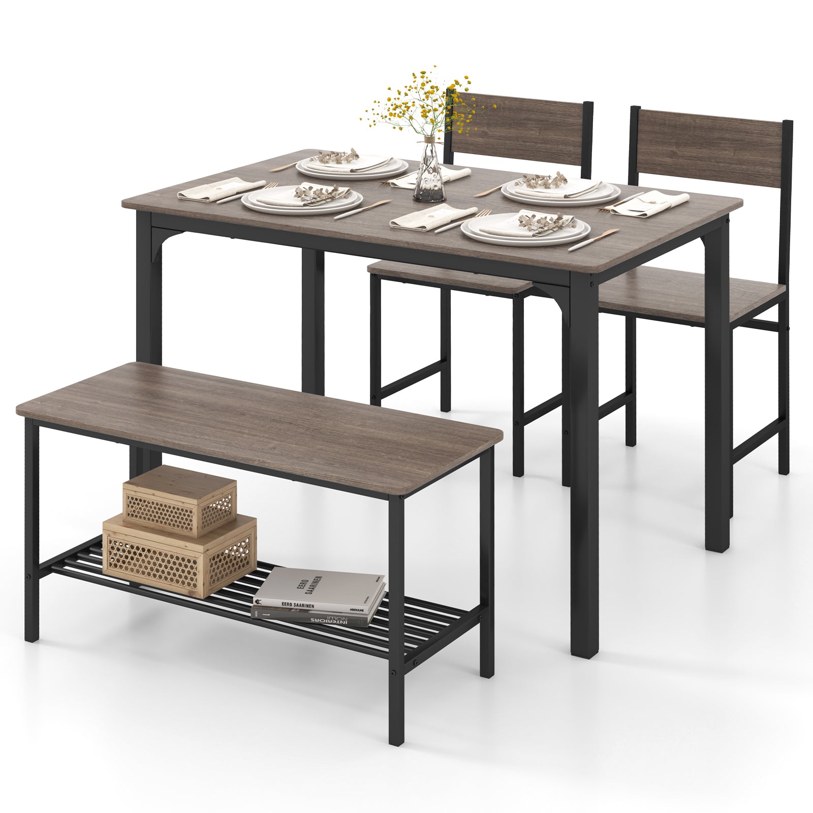 4 Pieces Rustic Dining Table Set with 2 Chairs and Bench, Gray Dining Room Sets at Gallery Canada