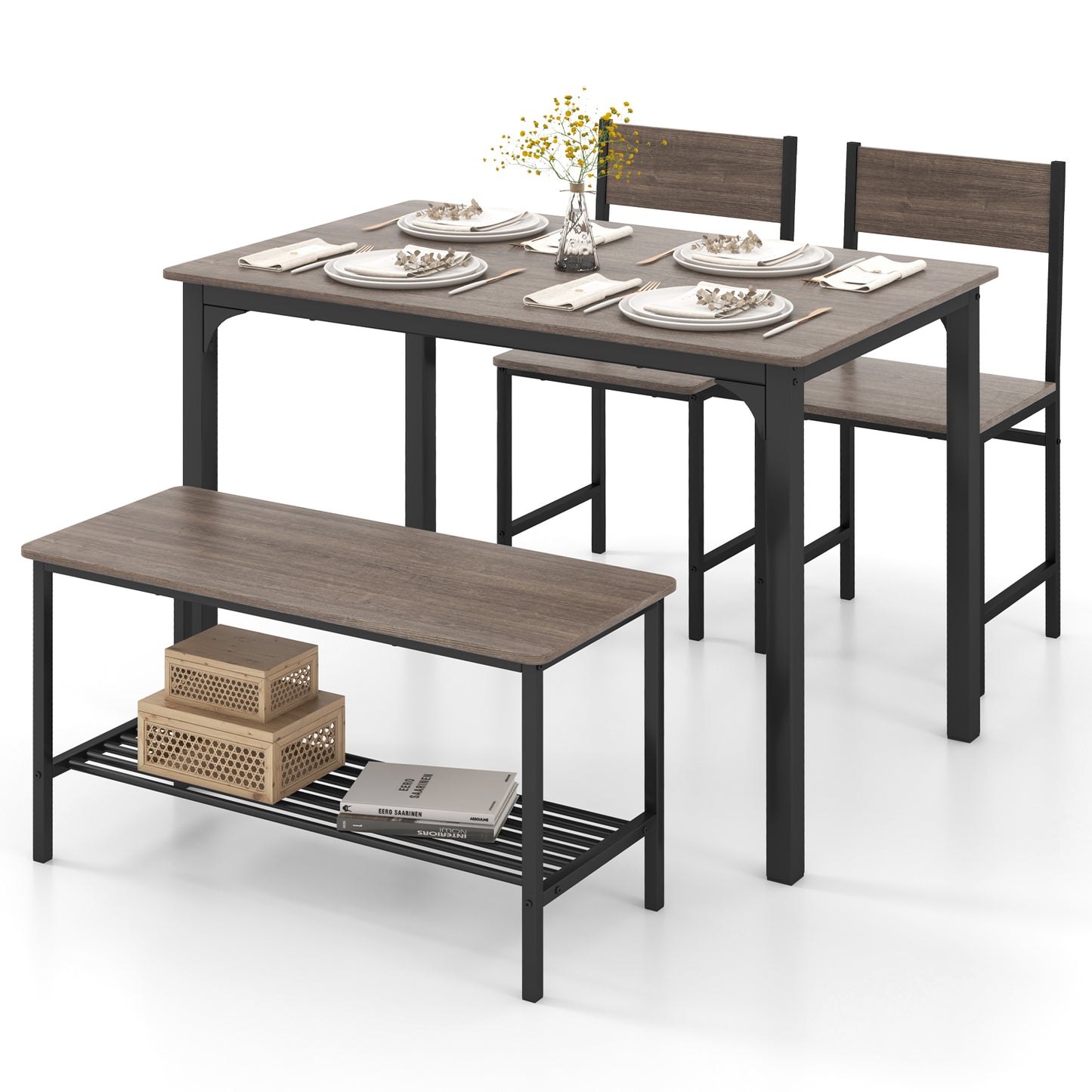 4 Pieces Rustic Dining Table Set with 2 Chairs and Bench, Gray Dining Room Sets at Gallery Canada