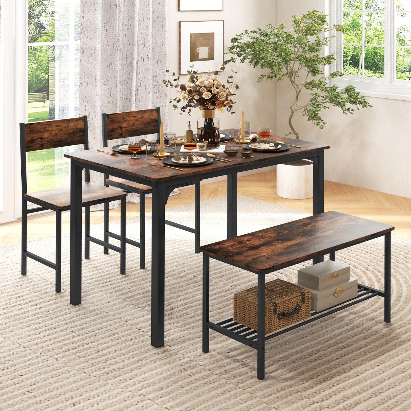 4 Pieces Rustic Dining Table Set with 2 Chairs and Bench, Rustic Brown Dining Room Sets at Gallery Canada