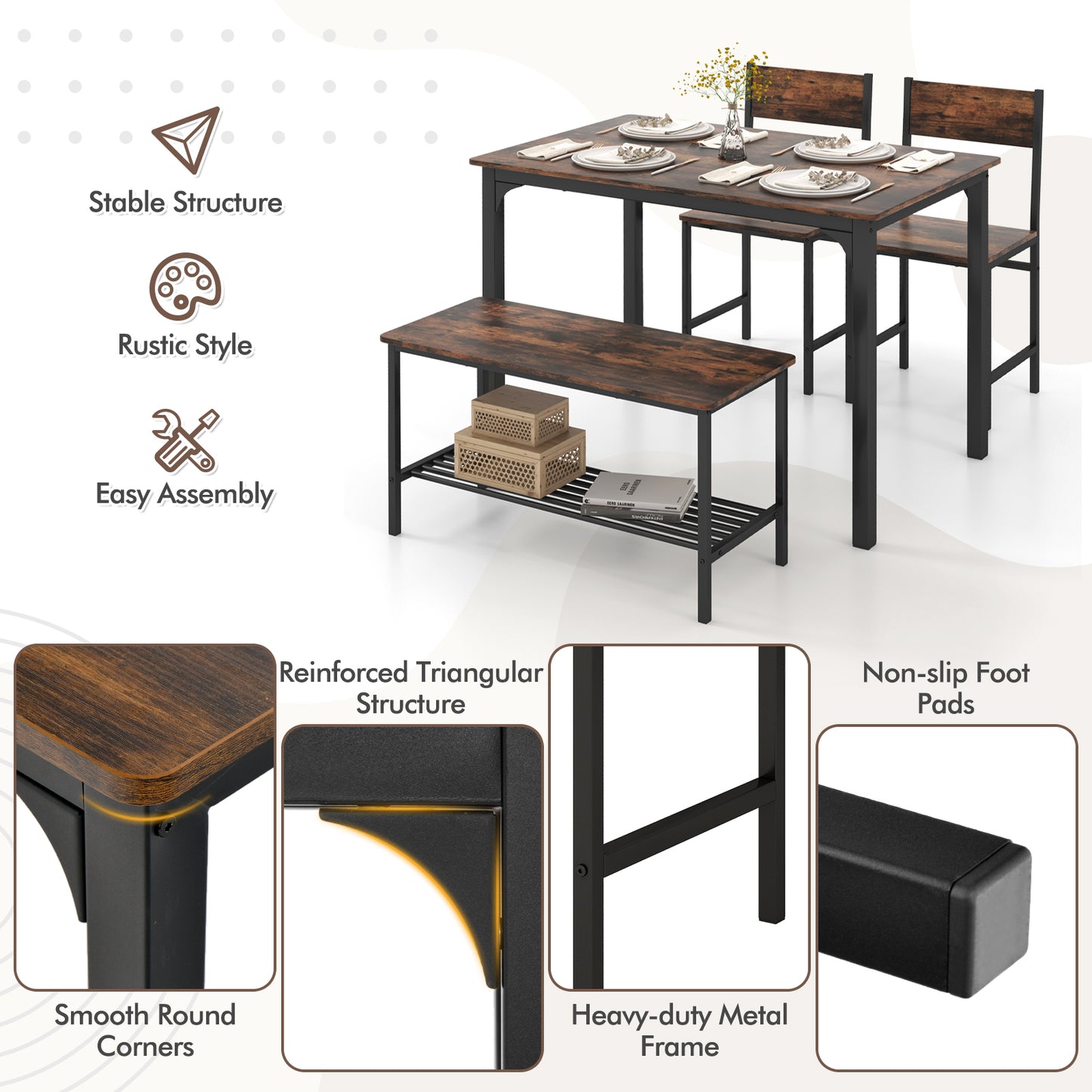 4 Pieces Rustic Dining Table Set with 2 Chairs and Bench, Rustic Brown Dining Room Sets at Gallery Canada