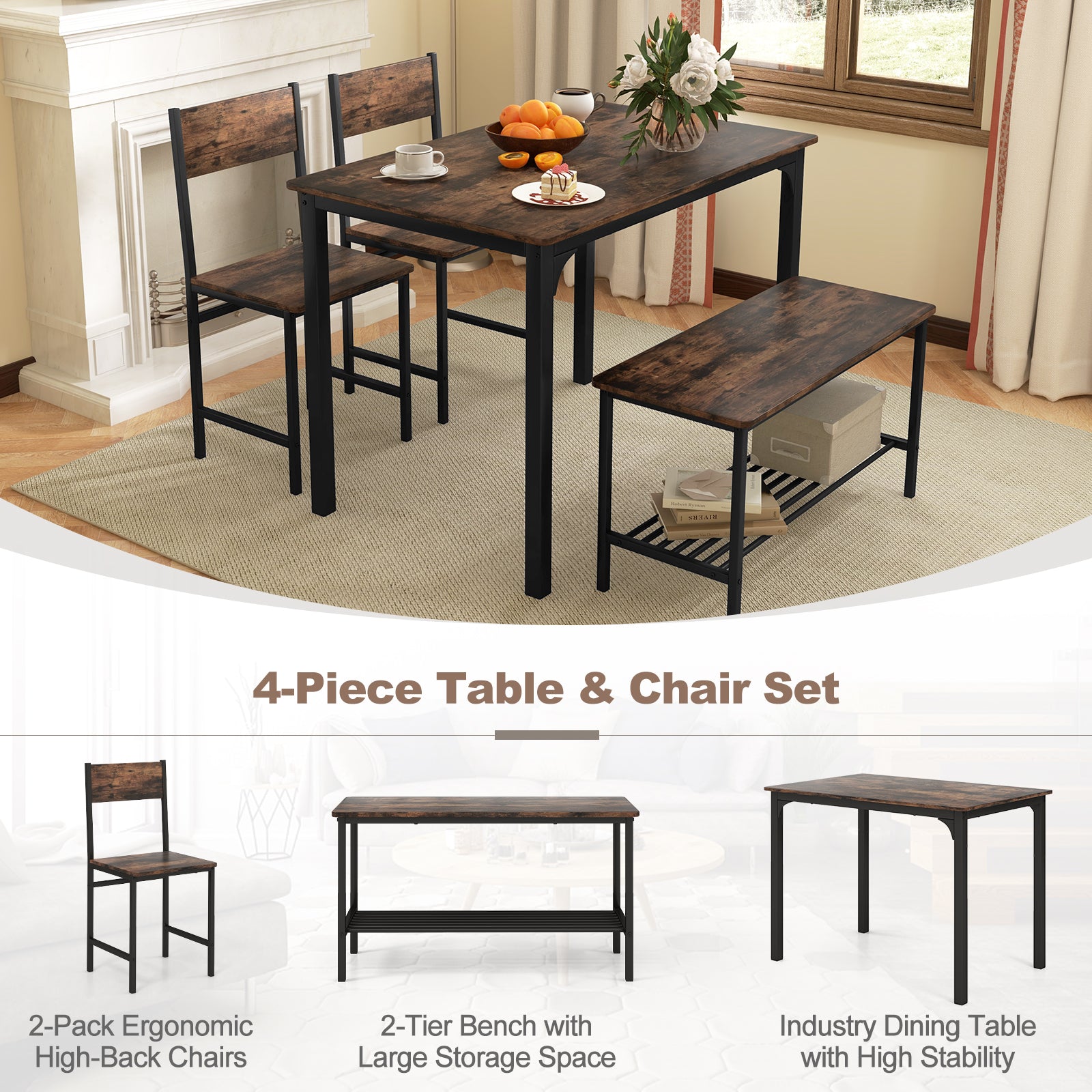 4 Pieces Rustic Dining Table Set with 2 Chairs and Bench, Rustic Brown Dining Room Sets at Gallery Canada