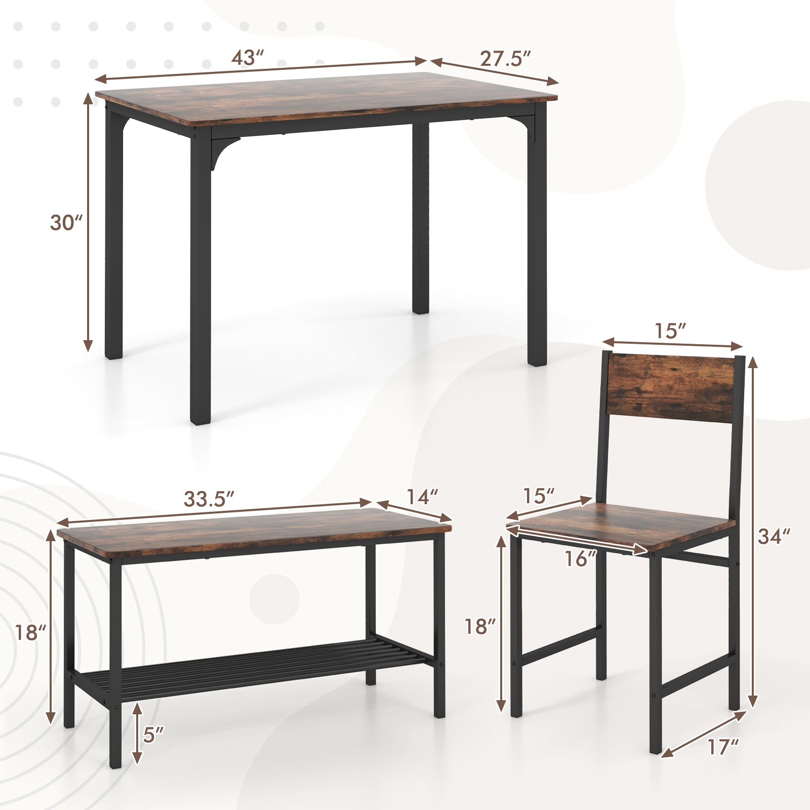 4 Pieces Rustic Dining Table Set with 2 Chairs and Bench, Rustic Brown Dining Room Sets at Gallery Canada