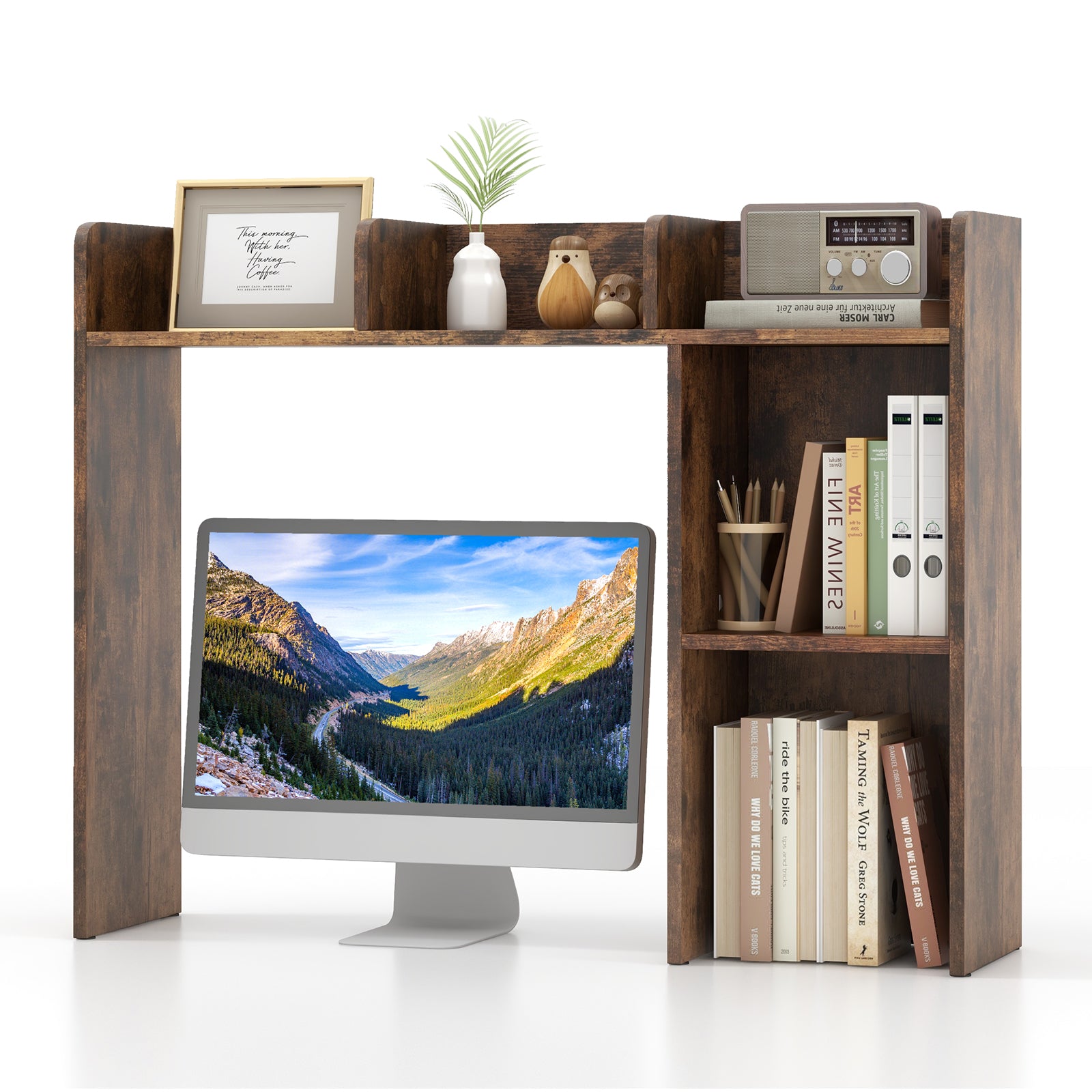 3-Tier Multipurpose Desk Bookshelf with 4 Shelves, Brown Bookcases Brown at Gallery Canada