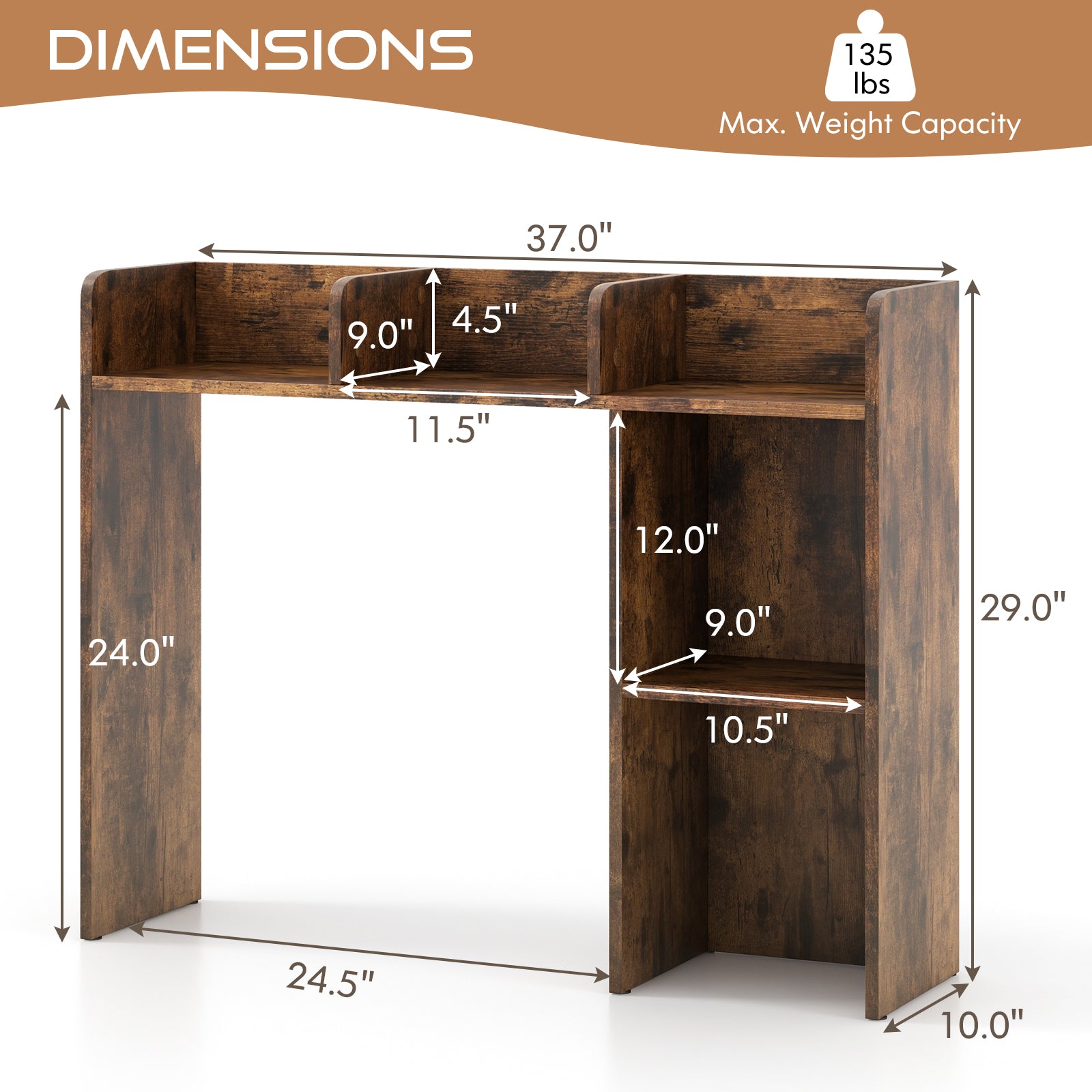 3-Tier Multipurpose Desk Bookshelf with 4 Shelves, Brown Bookcases at Gallery Canada